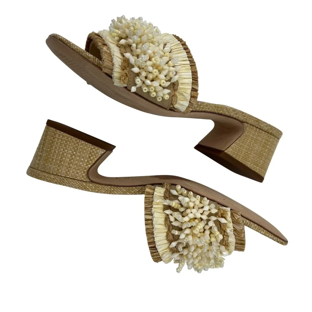 J.McLaughlin Seren Beaded Block Heel Sandals Beachwood Tan Cream Womens 7